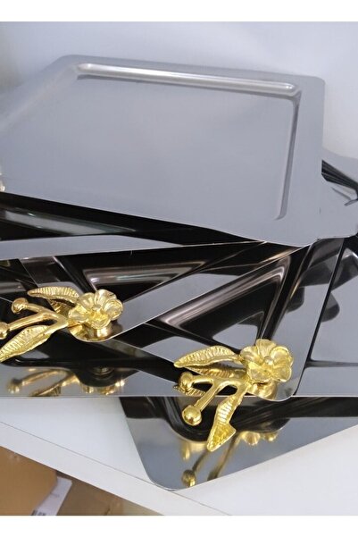 Elzem Paslanmaz Çelik 6 Li Kare Sunum Tepsisi Japon Gül Aksesuarlı Lux