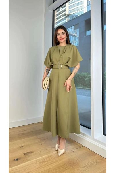 LİBAS Khaki Colored Midi Dress - Belt Detailed