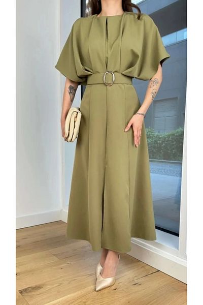 LİBAS Khaki Colored Midi Dress - Belt Detailed