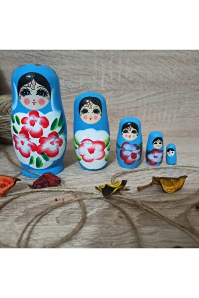 2M 5 Li Ahşap Matruşka Bebek ( Mavi)