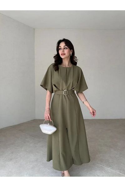LİBAS فستان متوسط الطول بلون كاكي - مزين بحزام