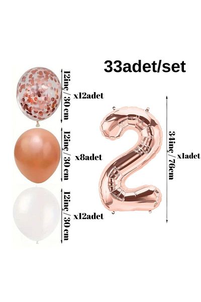Konsept Sepeti 2 Year Old Rosegold Balloon Set - White, Happy Birthday Banner with Confetti (WITH BALLON BAND GIFT)