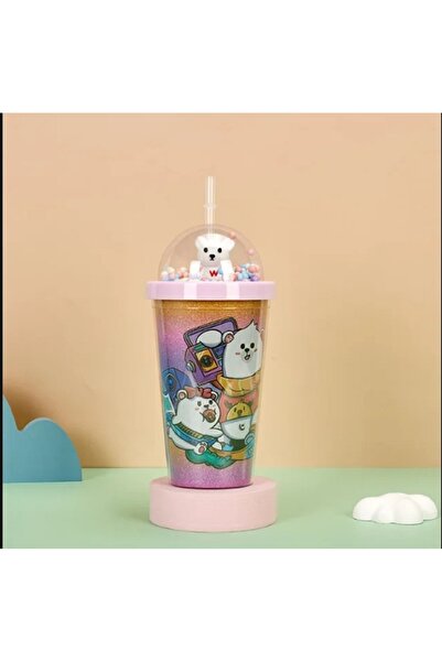 hediyeconcepti 450ml New Bear Double Taste Straw Plastic Cup High Creative Ca...
