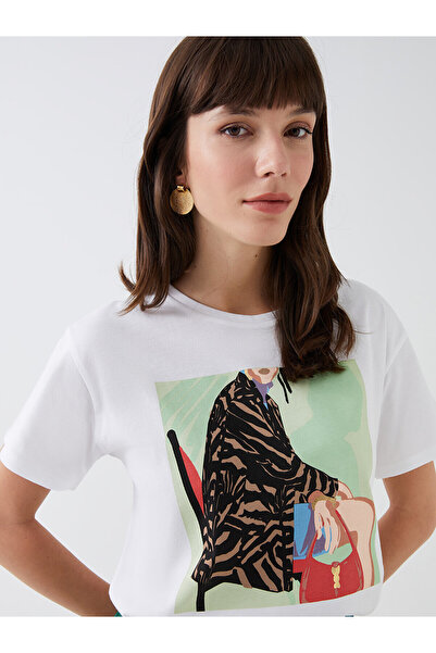 LC Waikiki Γυναικείο κοντομάνικο μπλουζάκι με στάμπα LCW Crew Neck