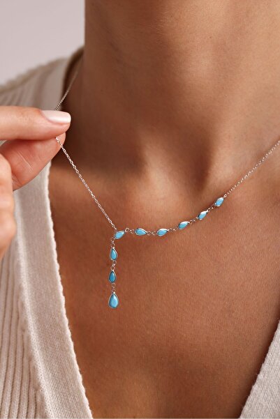 Nereze 925 Ayar Gümüş Damla Firuze Taşlı Süzme Model Kolye