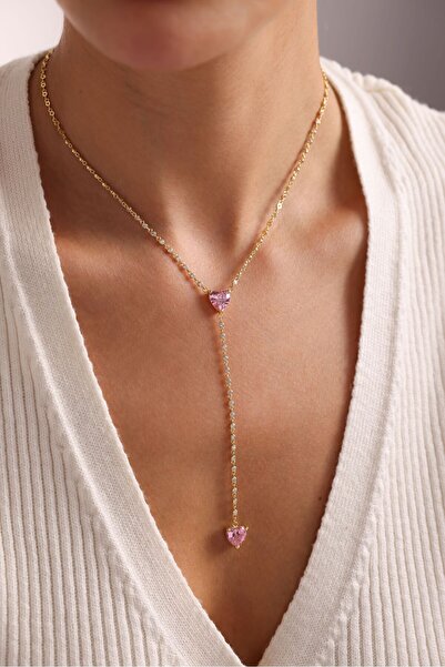 Nereze 925 Ayar Gümüş Gold Kaplama Zirkon Taş Zincirli Çift Pembe Kalp Kolye