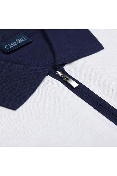 Germirli Polo Collar White Navy Blue Regular Fit Knitwear - Zippered