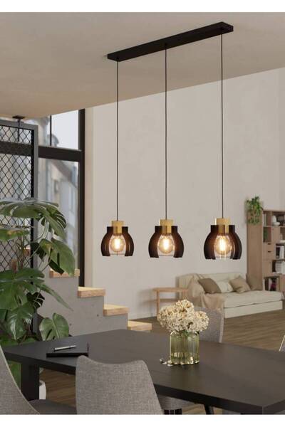 Eglo 43925 Iç Mekan " Stıllıngton 1 " Siyah, Kahverengi Renk Çelik, Ahşap 3 Lü Sarkıt Lamba Ip20 E27