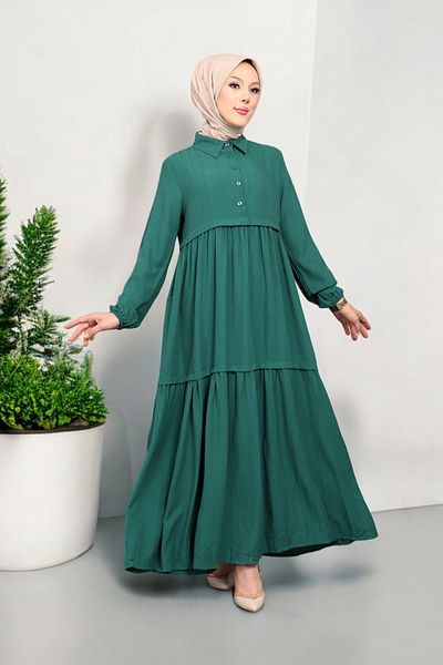 MODAQU Green Viscose Hijab Dress - Shirt Collar