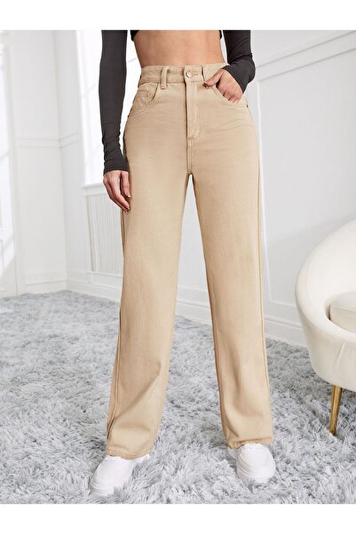 Shield Life Bej Palazzo Yüksek Bel Likralı Kot Kadın Pantolon