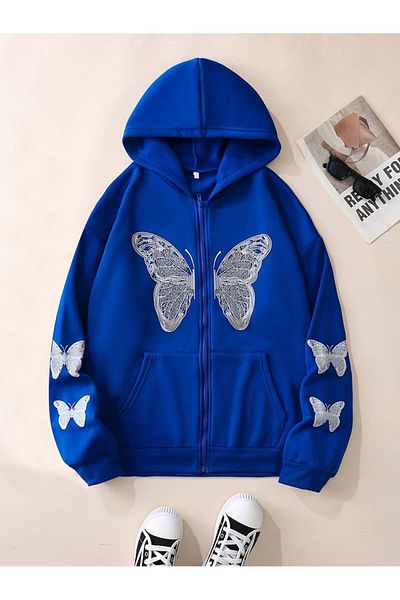 AMMA Βαμβακερή ζακέτα Unisex Oversize με στάμπα πεταλούδας - με φερμουάρ