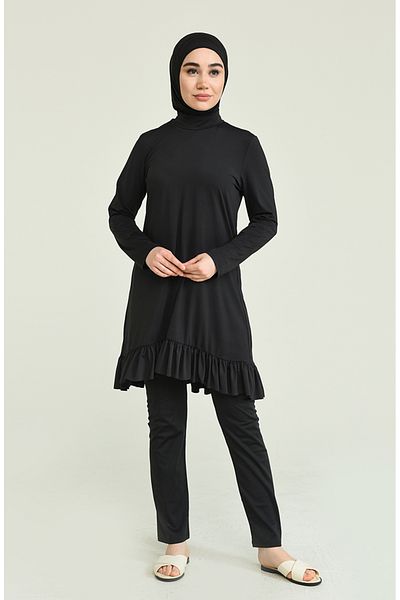 sefamerve Schwarzer Hijab-Badeanzug mit Rüschensaum in Übergröße – 2218-01