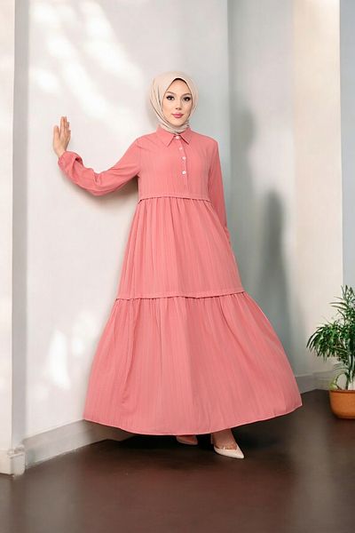 MODAQU Powder Color Viscose Hijab Dress - Shirt Collar