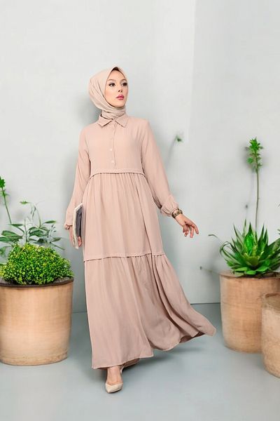 MODAQU Mink Colored Hijab Dress - Viscose Fabric, Shirt Collar