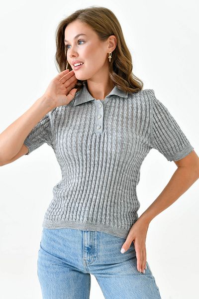 WOMAN VISION Gray Knitwear Fabric - Hair Knit Pattern, Buttoned, Shirt Collar, Short Sleeve Women's Blouse 23070
