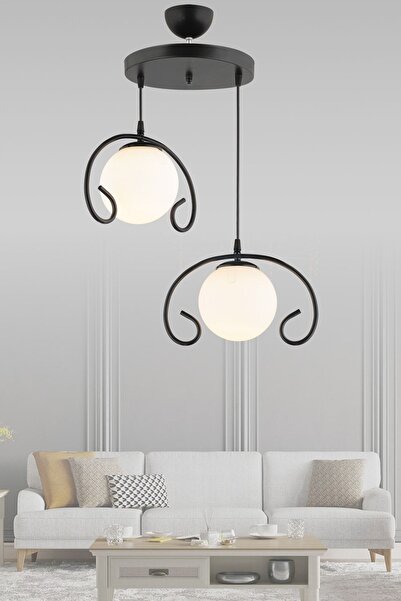 Docklight Sarkıt Tepsi Siyah 2'li Menekşe Beyaz Top Camlı Aşağı Bakan Lüks Avize