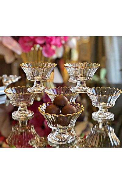 B&M 100 - 249 cc 6-Piece Gilt Sugar Bowl with Glass Legs Turkish Delight Bowl Presentation Bowl Gold Jam Glass 6 Pieces
