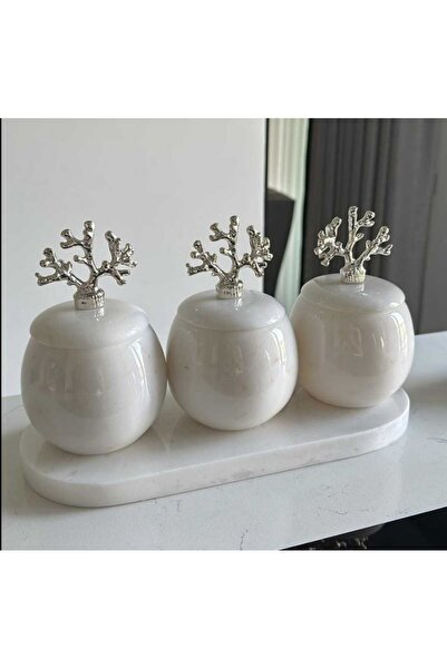 Sümeyra Marble Art OVAL KESİM MERMER BAHARATLIK - 4LÜ- GOLD-GÜMÜŞ