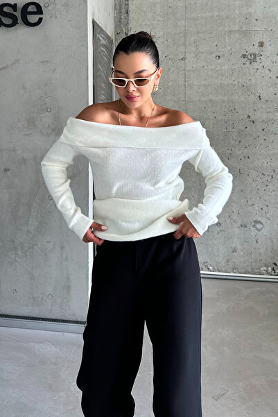 MODAGEN Weißer Strickpullover – Damen, Madonna-Kragen