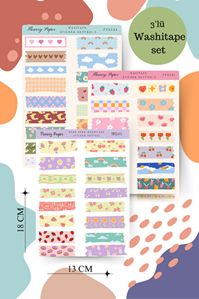 Flowery Paper 3'lü Washitape Sticker Sayfası - Defter,Ajanda ,Journal,Scrapbo...