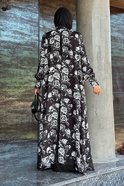 Bym Fashion Black Floral Patterned Neck Lace-Up Dress Set - 3907