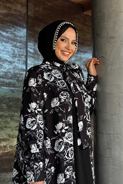 Bym Fashion Black Floral Patterned Neck Lace-Up Dress Set - 3907