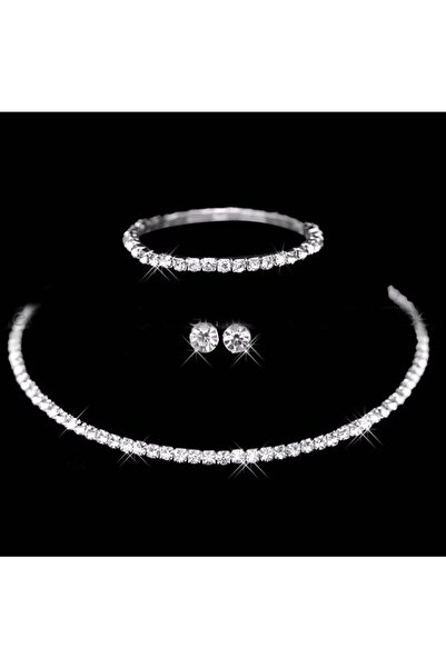 Nakla Accessories Kristal Gelin Takı Seti, Zarif Düğün Nişan Kına Nikah Abiye Set, Kolye Küpe Bileklik Seti