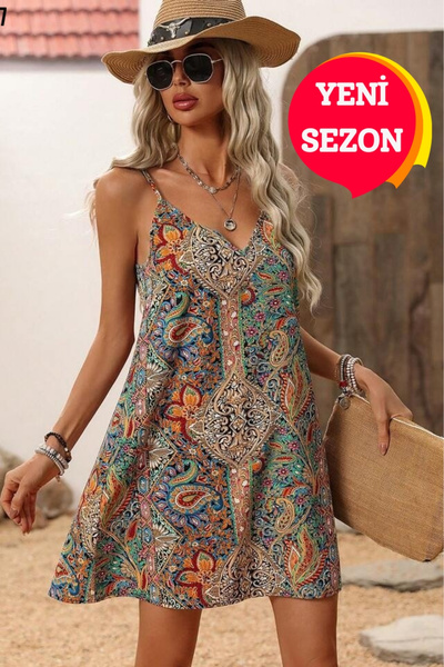 JANES Kadın Askılı Etnik Desen Elbise