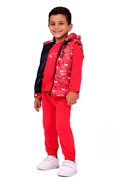 Merdia Lion Printed Hooded Inflatable Vest and Combed Cotton 3-Piece Set for Boys