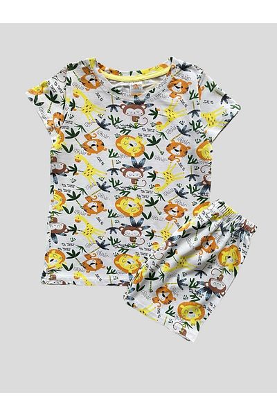 elmas kids Boy's 100% Cotton Safari Patterned White Short Sleeve Pajamas Set with Shorts