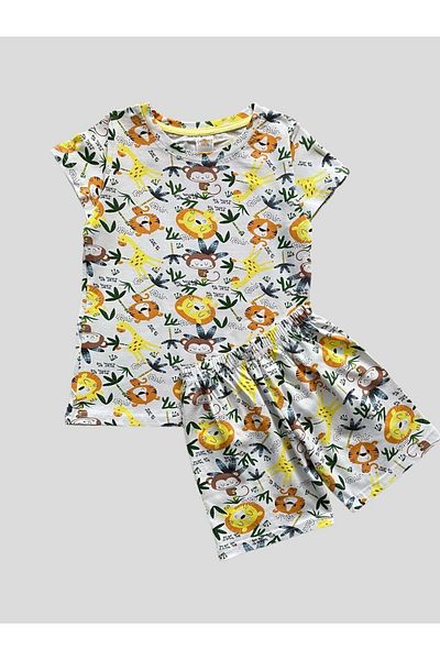 elmas kids Boy's 100% Cotton Safari Patterned White Short Sleeve Pajamas Set with Shorts