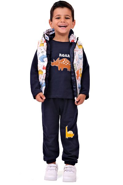 Merdia Boy's Dinosaur Printed Inflatable Vest and Combed Cotton 3-Piece Set - Hooded
