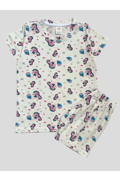 elmas kids Set de pijamale pentru fete, 100% bumbac, cu mâneci scurte, cu model de căluți de mare
