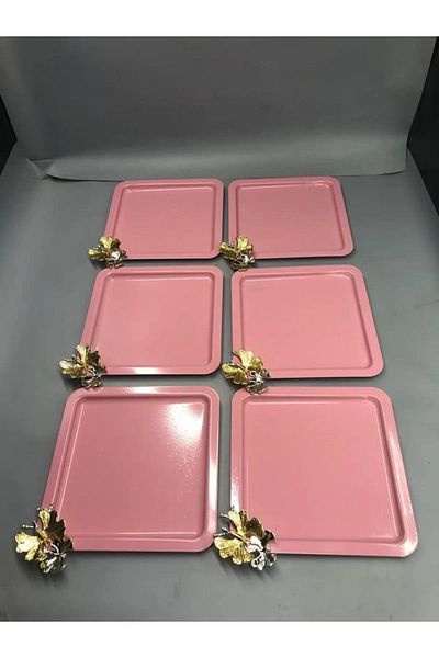 NEWTREND Züccaciye Luxury 6-Piece Light Pink Coffee/Tea Tray - With Butterfly Accessory, Stainless Steel Square