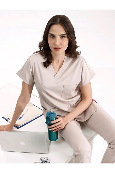 ÇİZGİ MEDİKAL Krem Rengi Doktor Hemşire Forması Scrubs Dr Greys Likralı Takım...