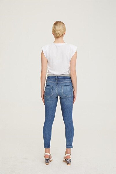 VAVIEN Kadın Mavi Hamile Skinny Jean Likralı Denim Pantolon 1085