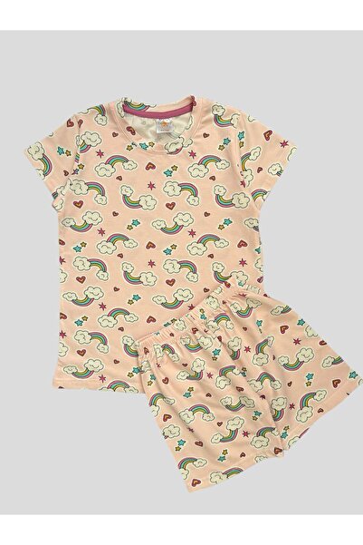 elmas kids Κοριτσίστικο 100% βαμβακερό ροζ ουράνιο τόξο κοντομάνικο σορτς καλ...