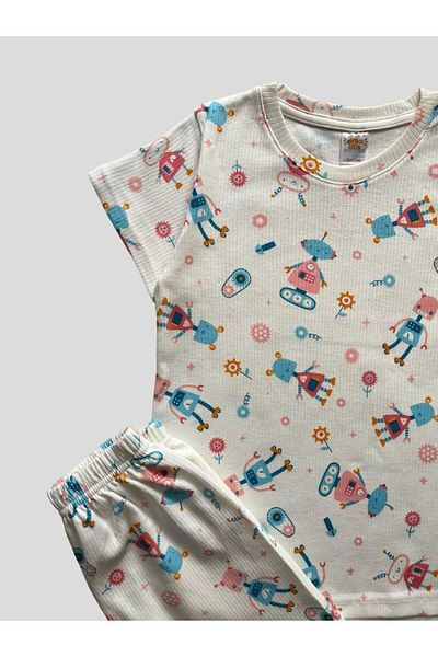 elmas kids Set de pijamale de vară pentru fete, din bumbac, cu nervuri, cu model robot, alb, cu mâneci scurte