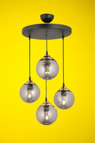 Kraliçe Pendant Lamp Tray Black 4-Piece Smoked Globe Glass Flat Downward Facing Luxury Chandelier