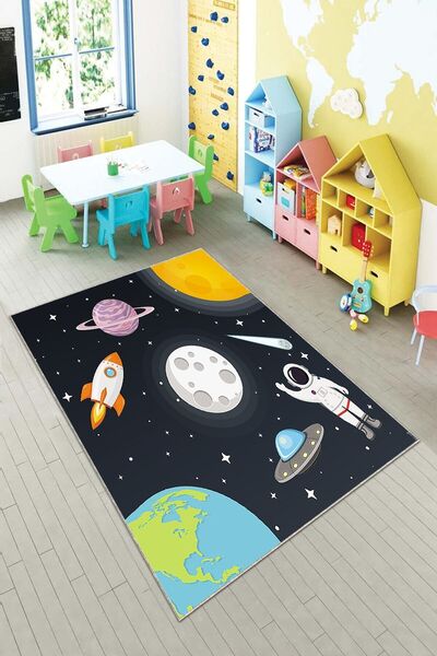 Pelangi Astronot Uzay Desenli Dijital Baskılı Yıkanabilir Kaymaz Taban Çocuk ...