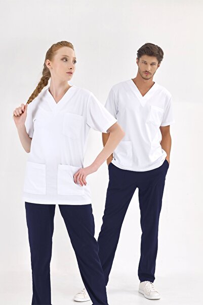 ÇİZGİ MEDİKAL Okul Öğrenci Staj Forması Takım Likralı Forma Üst Beyaz Alt Lacivert Scrubs Takım (Esnek Kumaş)