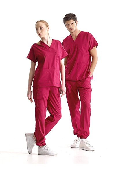 ÇİZGİ MEDİKAL Vişne Renk Jogger Paça Likralı Doktor Hemşire Forması Scrubs Dr...