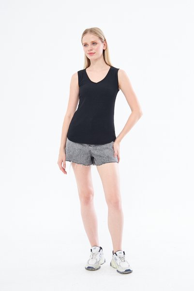Moda Işık Women's Black Crinkle Blouse with Back Window