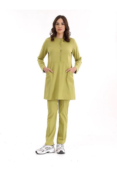 ÇİZGİ MEDİKAL Pistachio Green Lycra Hijab Zippered Nurse Scrubs Uniform Set