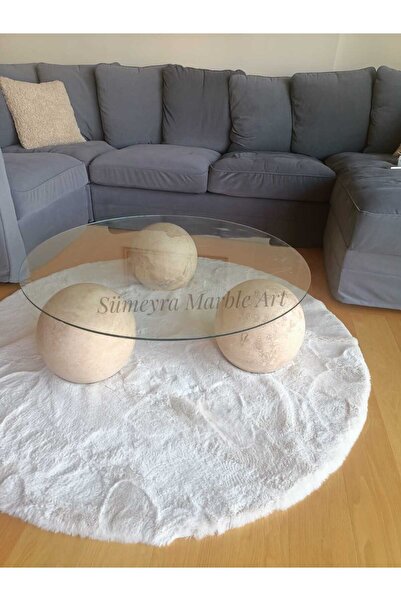 Sümeyra Marble Art TRIO - DOĞAL TRAVERTEN TOP AYAKLI ORTA SEHPA | CAM YUVARLA...