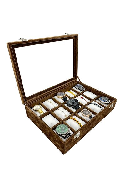 kutuveaksesuar Watch Box 15 Pcs Velvet Brown Suede Coated