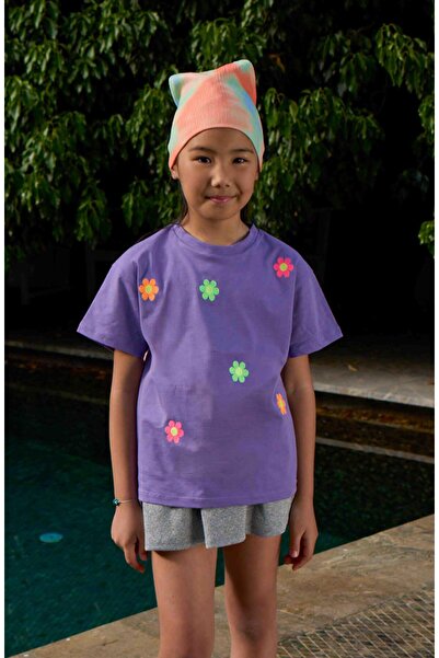 LUESS Tricou din bumbac cu broderie florală pentru fete