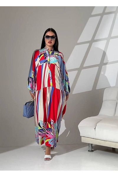 CELT Rochie de damă cu model din viscoză, cu mânecă cu balon, cu guler înalt