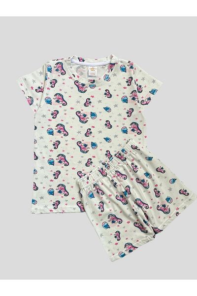elmas kids Set de pijamale pentru fete, 100% bumbac, cu mâneci scurte, cu model de căluți de mare