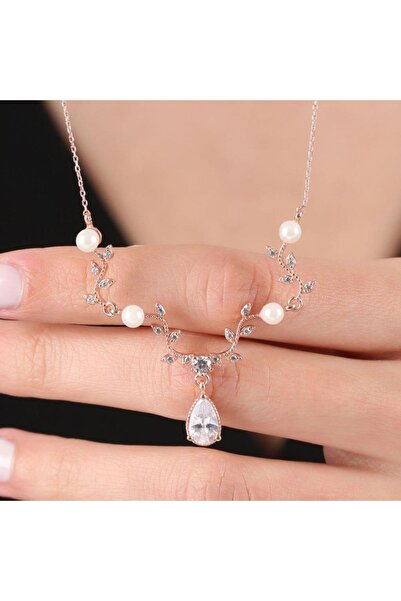 Mia Vento Pırlanta Montür Inci Baharı Rose Renk Flowers Gümüş Kolye